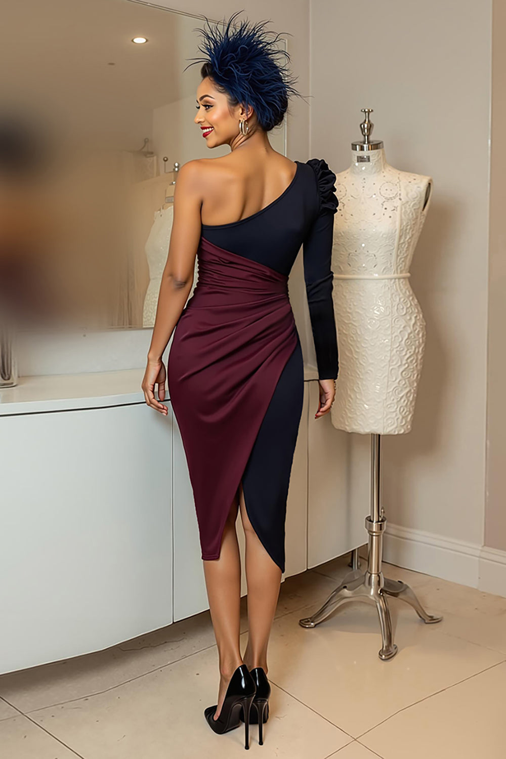 Burgundy Navy Ruched One Shoulder Midi Mother of the Bride Dress with Sleeves