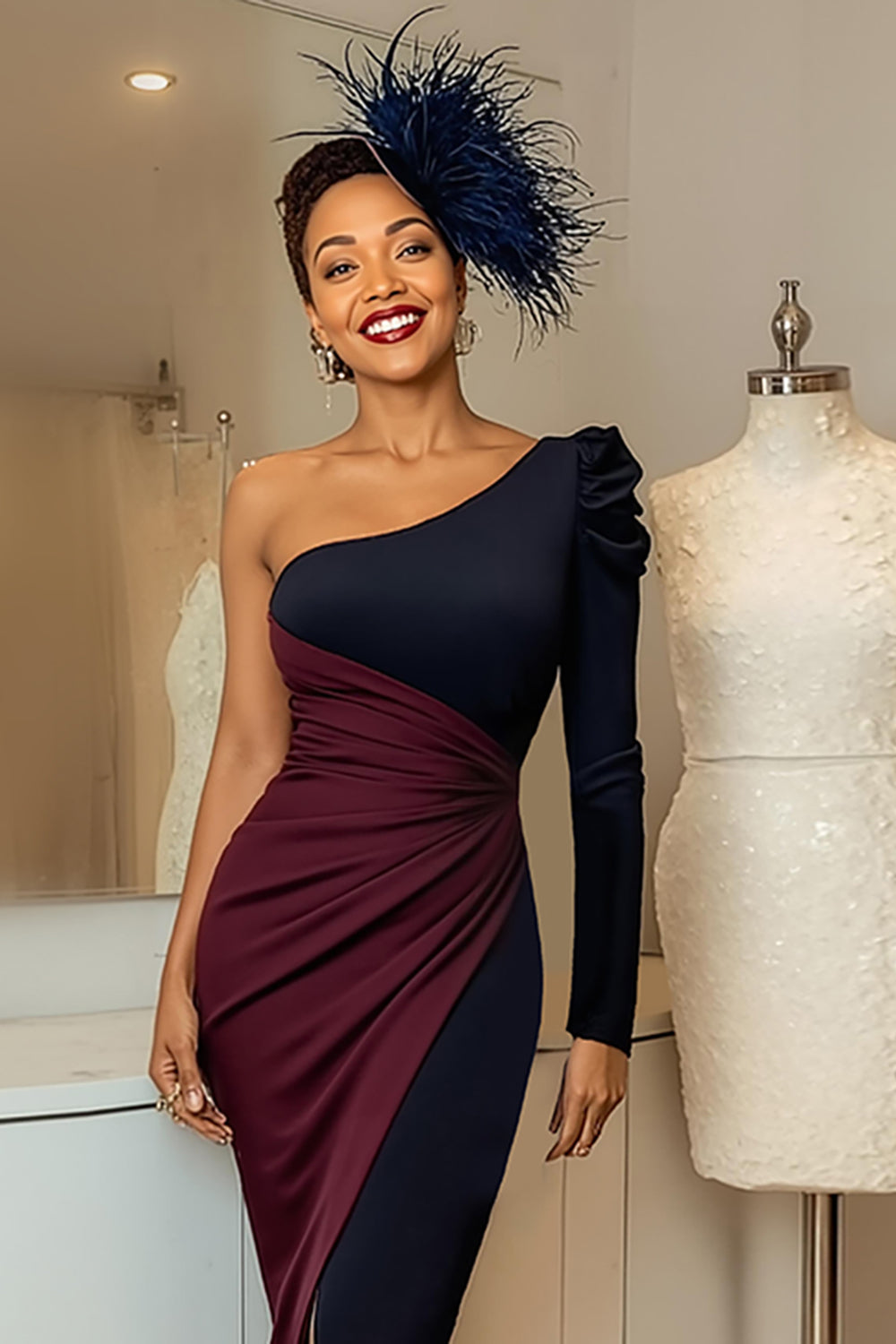 Burgundy Navy Ruched One Shoulder Midi Mother of the Bride Dress with Sleeves