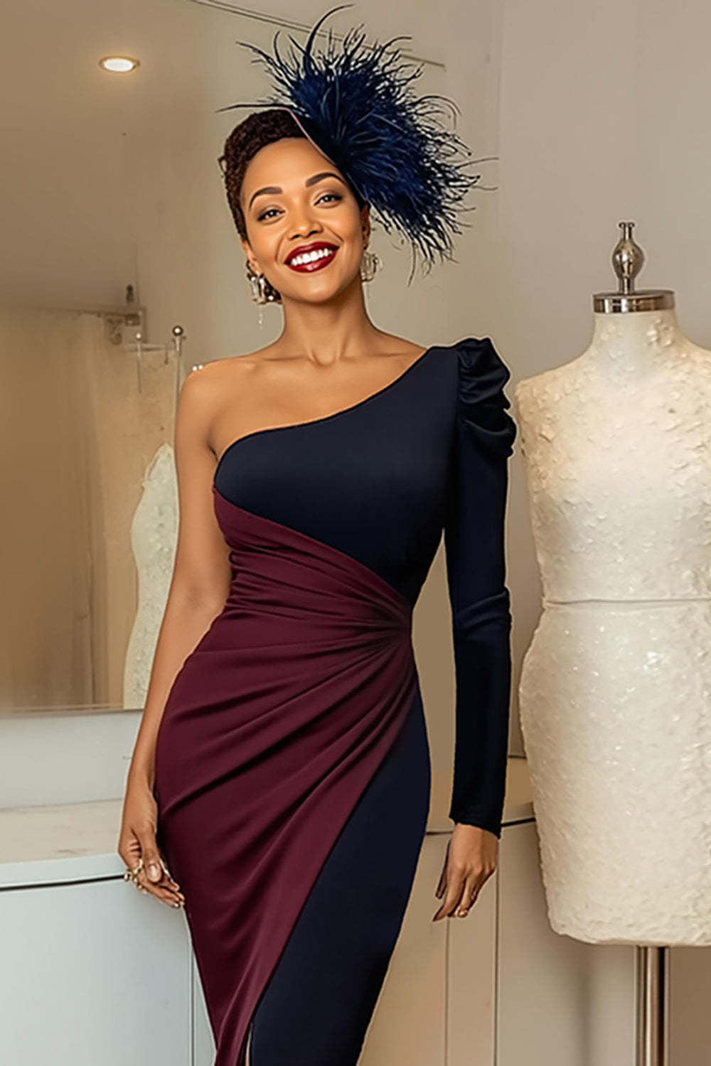Burgundy Navy Ruched One Shoulder Midi Mother of the Bride Dress with Sleeves