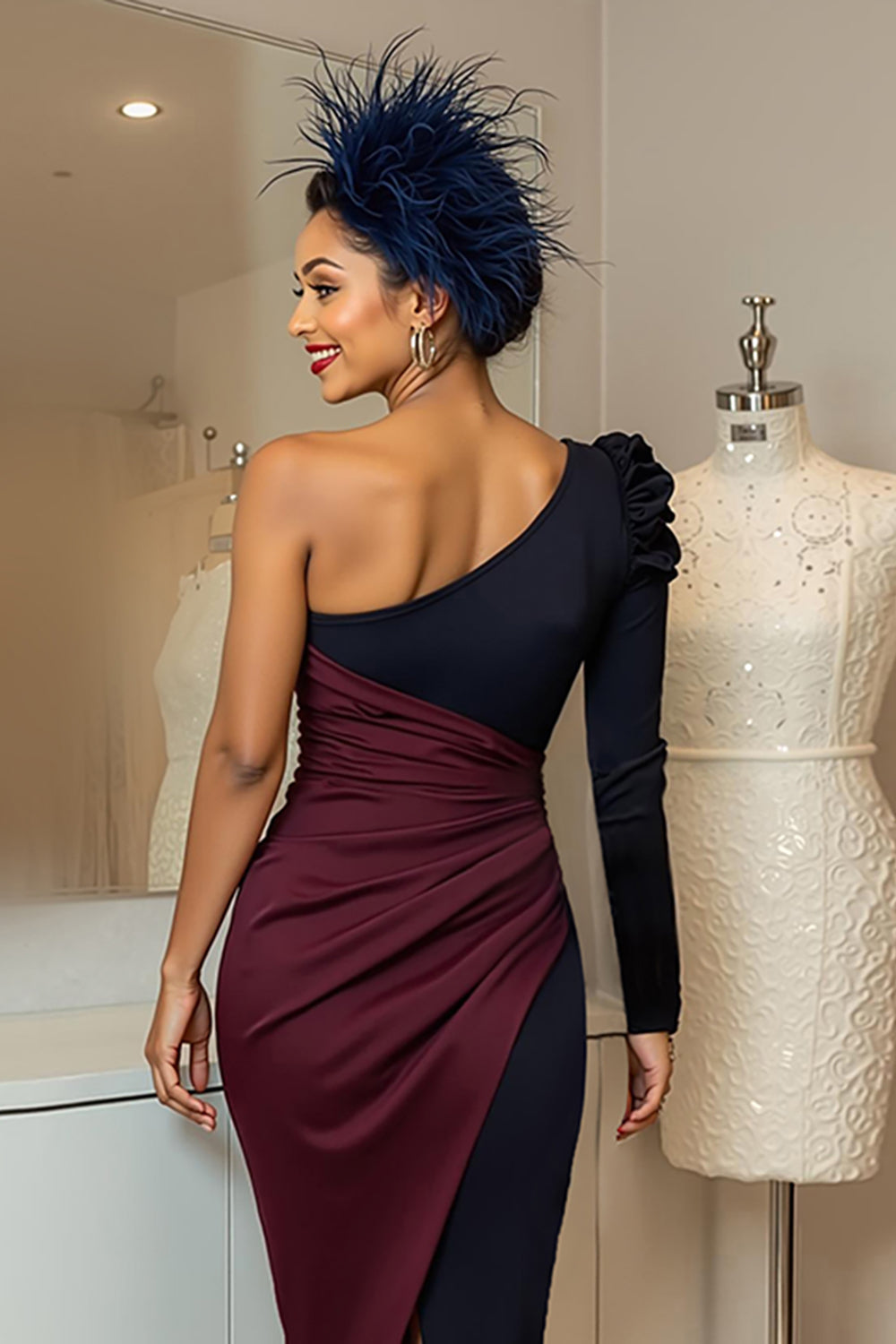 Burgundy Navy Ruched One Shoulder Midi Mother of the Bride Dress with Sleeves