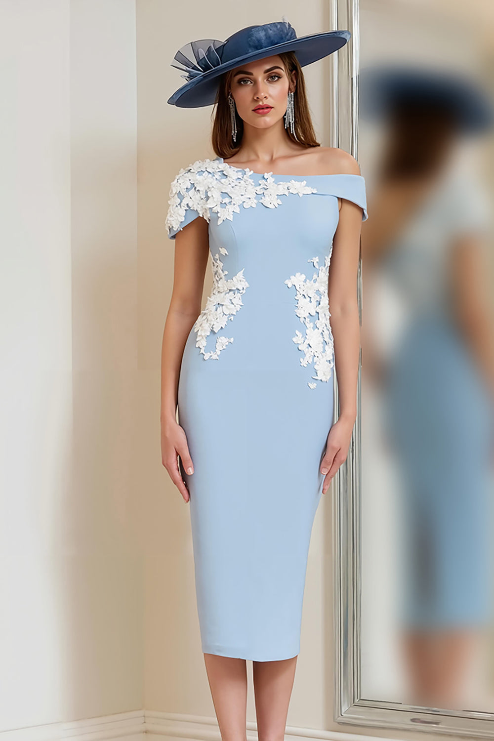 Leely Women Light Blue Midi Floral Mother of the Bride Dress with Slit Bodycon One Shoulder Satin Wedding Guest Dress with Sleeves