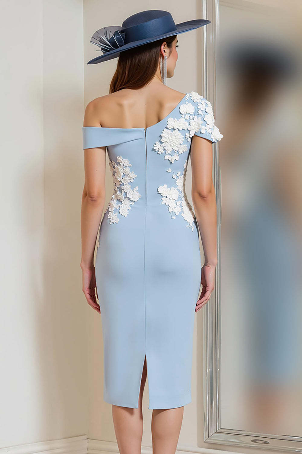 Light Blue One Shoulder Bodycon Floral Midi Mother of the Bride Dress with Slit