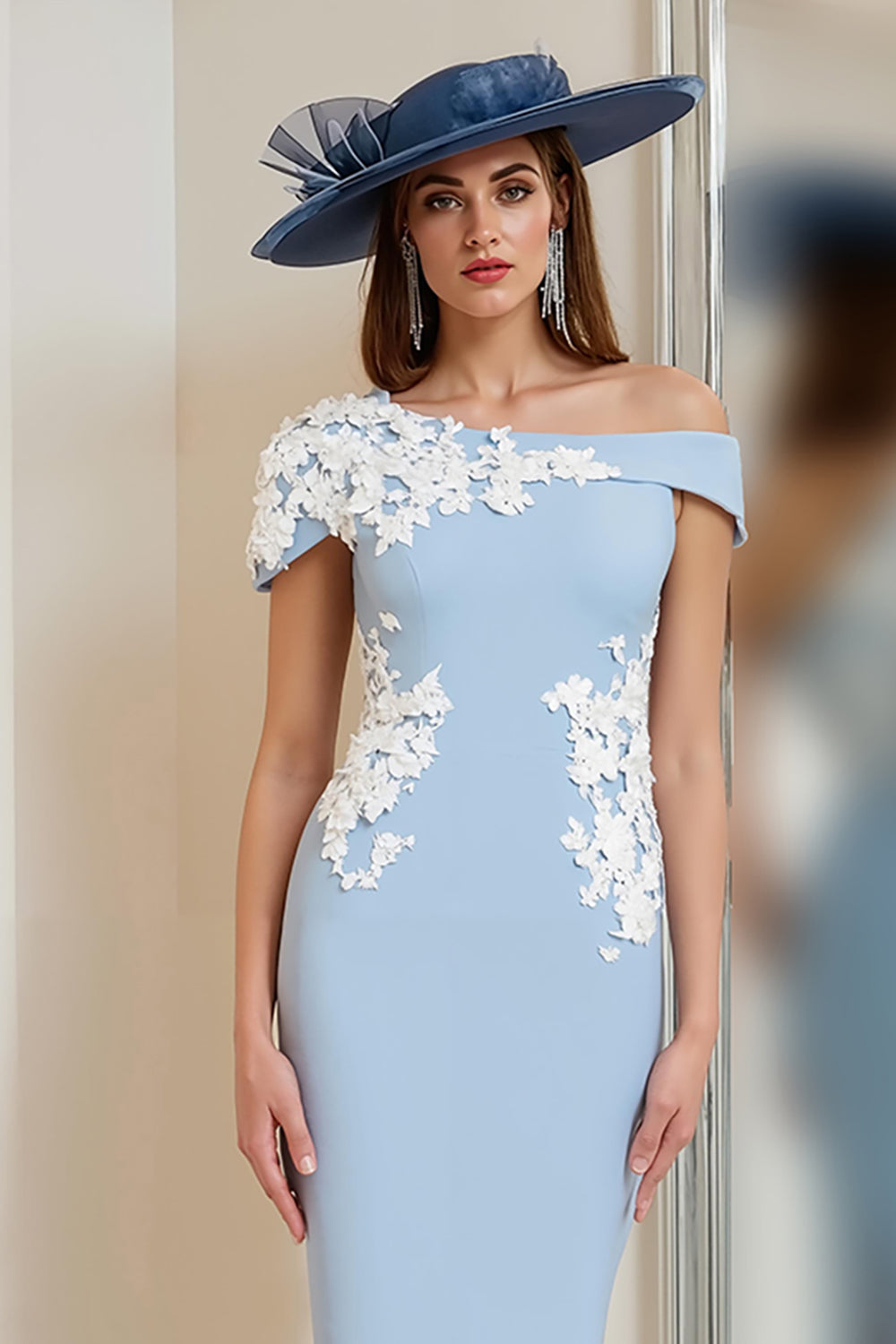 Light Blue One Shoulder Bodycon Floral Midi Mother of the Bride Dress with Slit