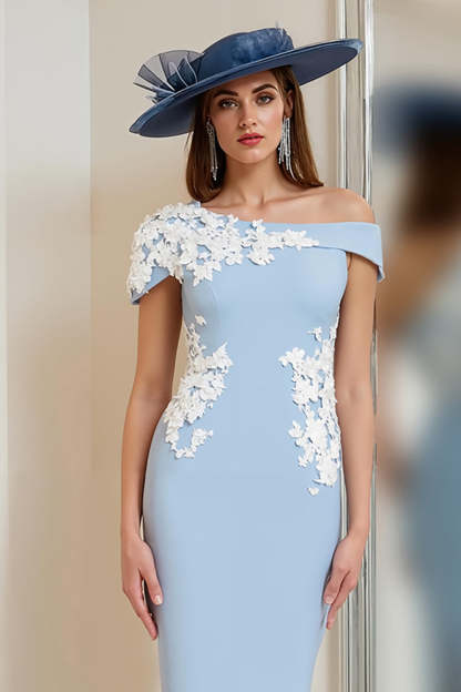 Light Blue One Shoulder Bodycon Floral Midi Mother of the Bride Dress with Slit