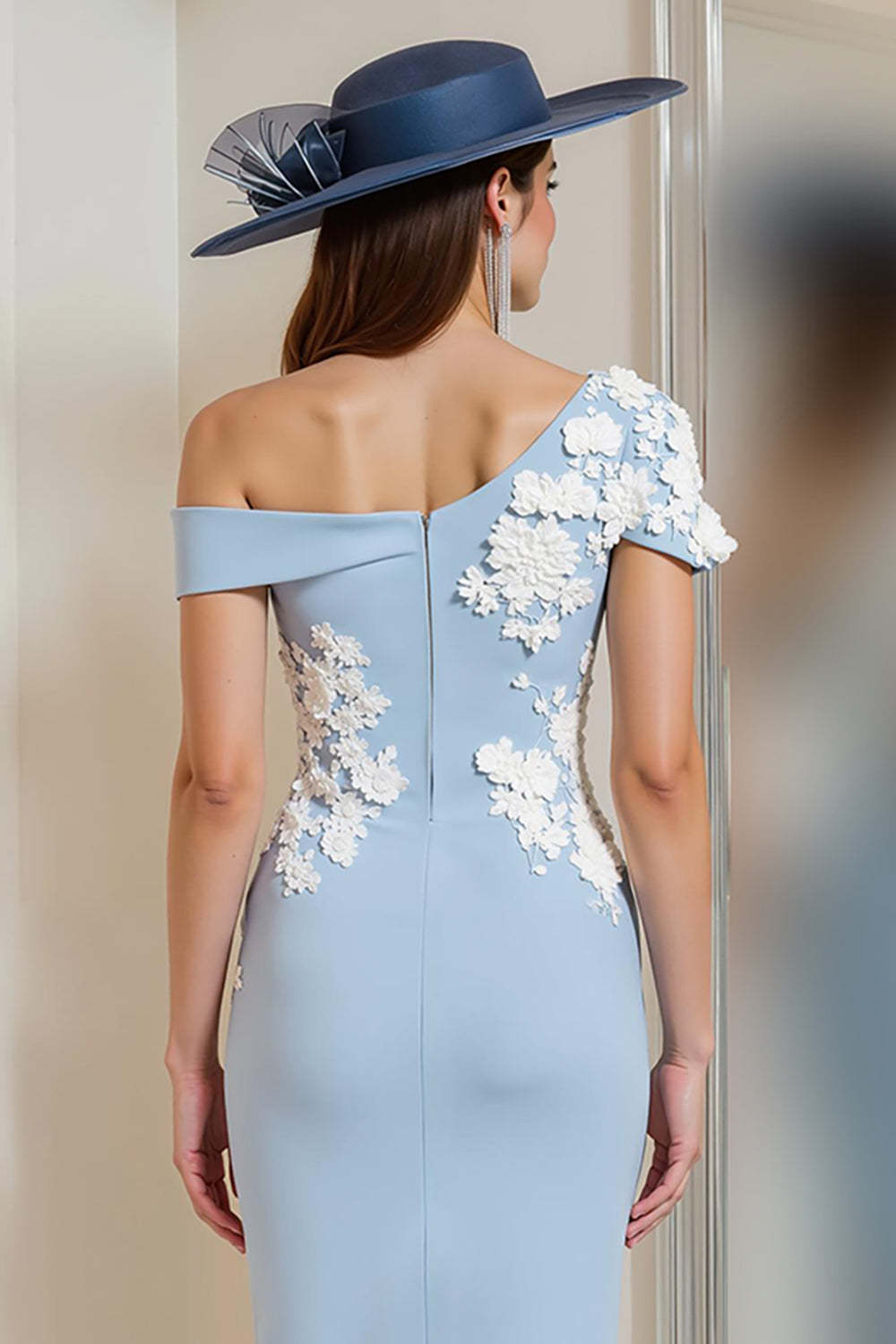 Light Blue One Shoulder Bodycon Floral Midi Mother of the Bride Dress with Slit