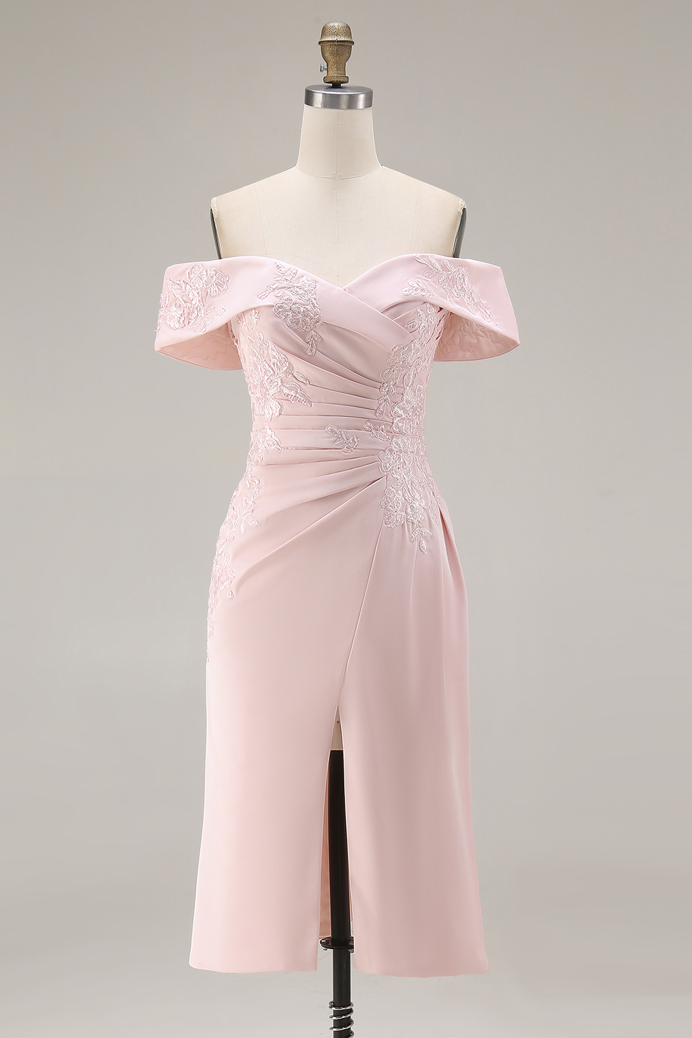 Blush Pink Off the Shoulder Ruched Midi Mother of the Bride Dress with Slit