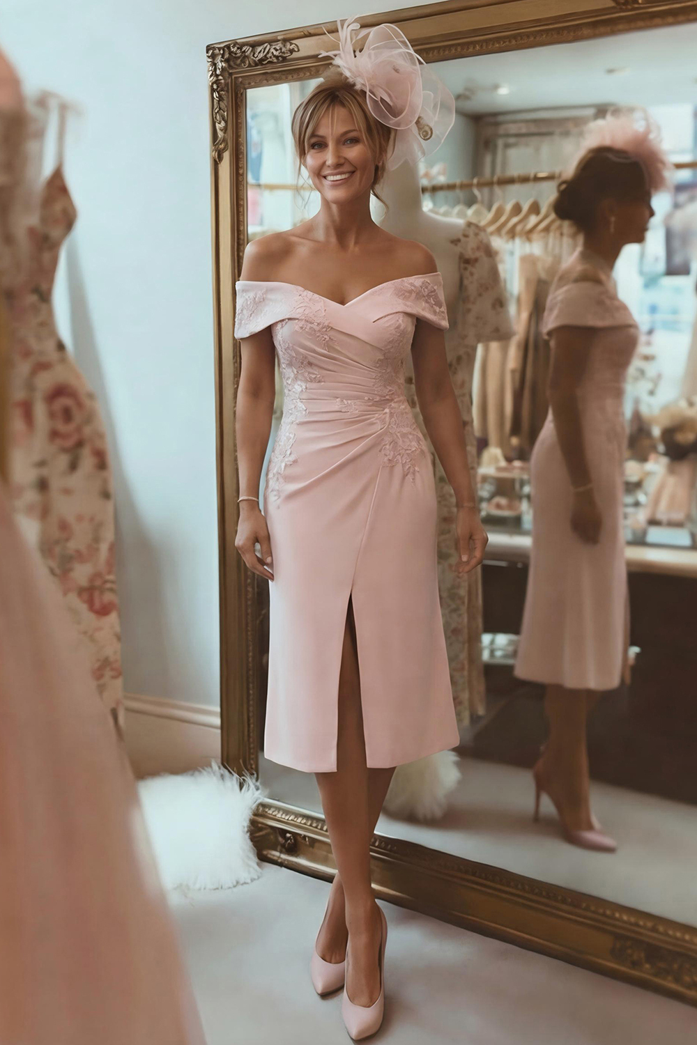 Blush Pink Off the Shoulder Ruched Midi Mother of the Bride Dress with Slit