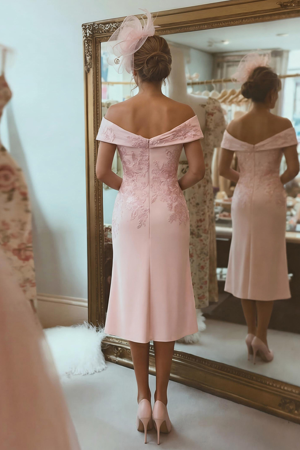 Blush Pink Off the Shoulder Ruched Midi Mother of the Bride Dress with Slit