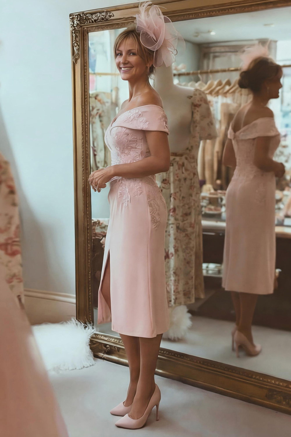 Blush Pink Off the Shoulder Ruched Midi Mother of the Bride Dress with Slit