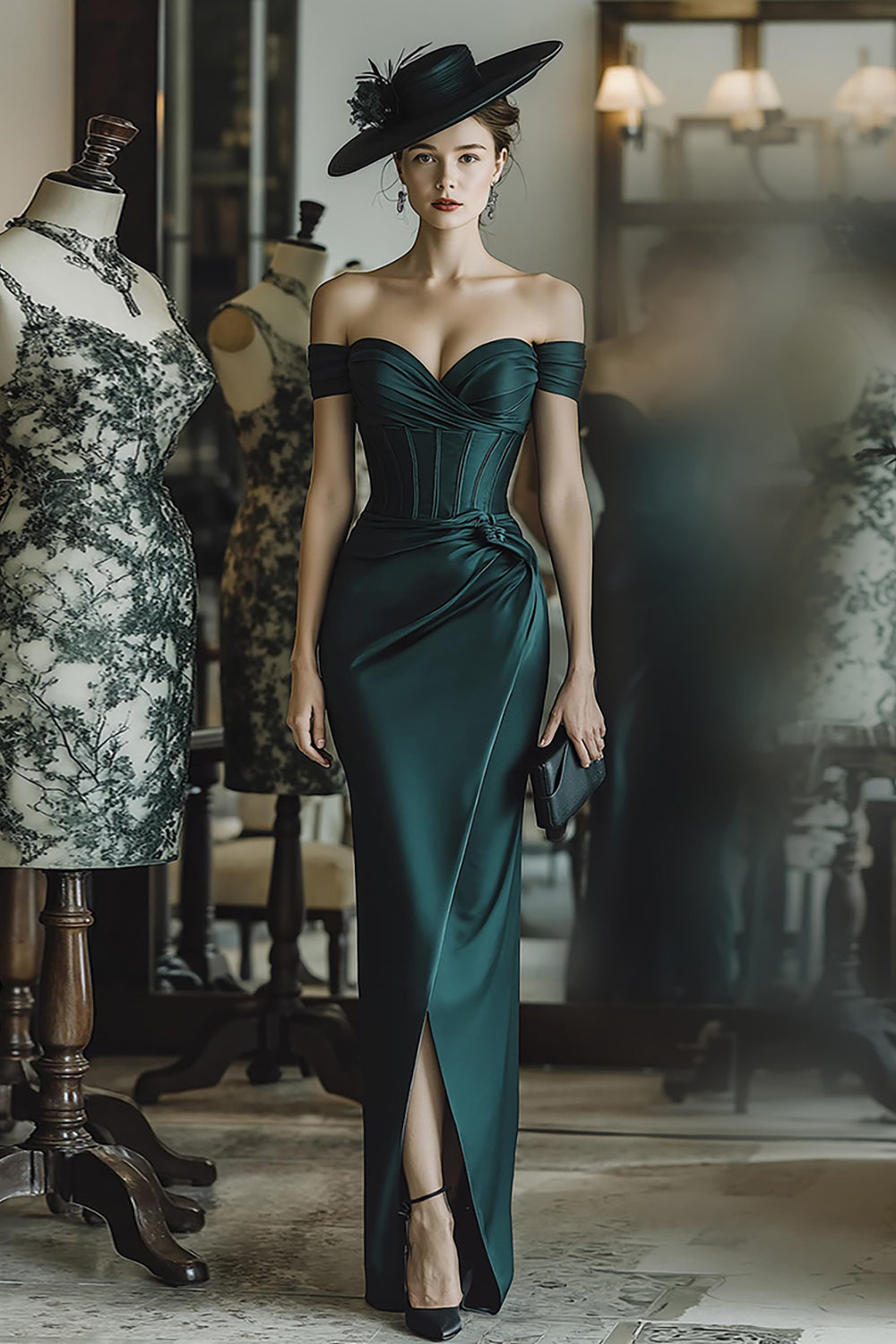 Leely Women Pine Satin Maxi Corset Mother of the Bride Dress with Slit Mermaid Ruched Off the Shoulder Wedding Guest Dress