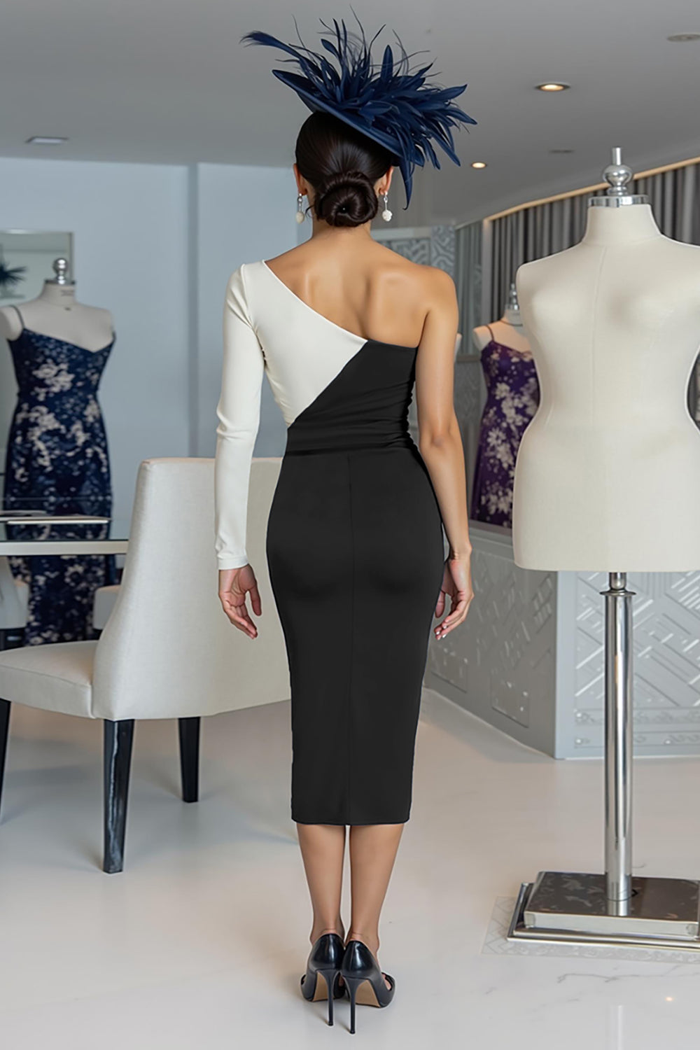 Black and White One Shoulder Bodycon Midi Mother of the Bride Dress with Sleeves