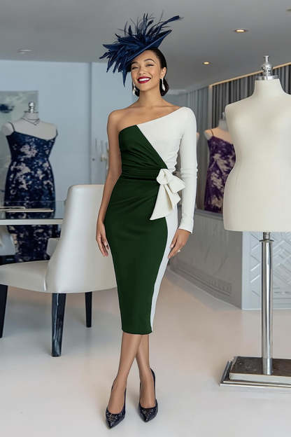 Black and White One Shoulder Bodycon Midi Mother of the Bride Dress with Sleeves