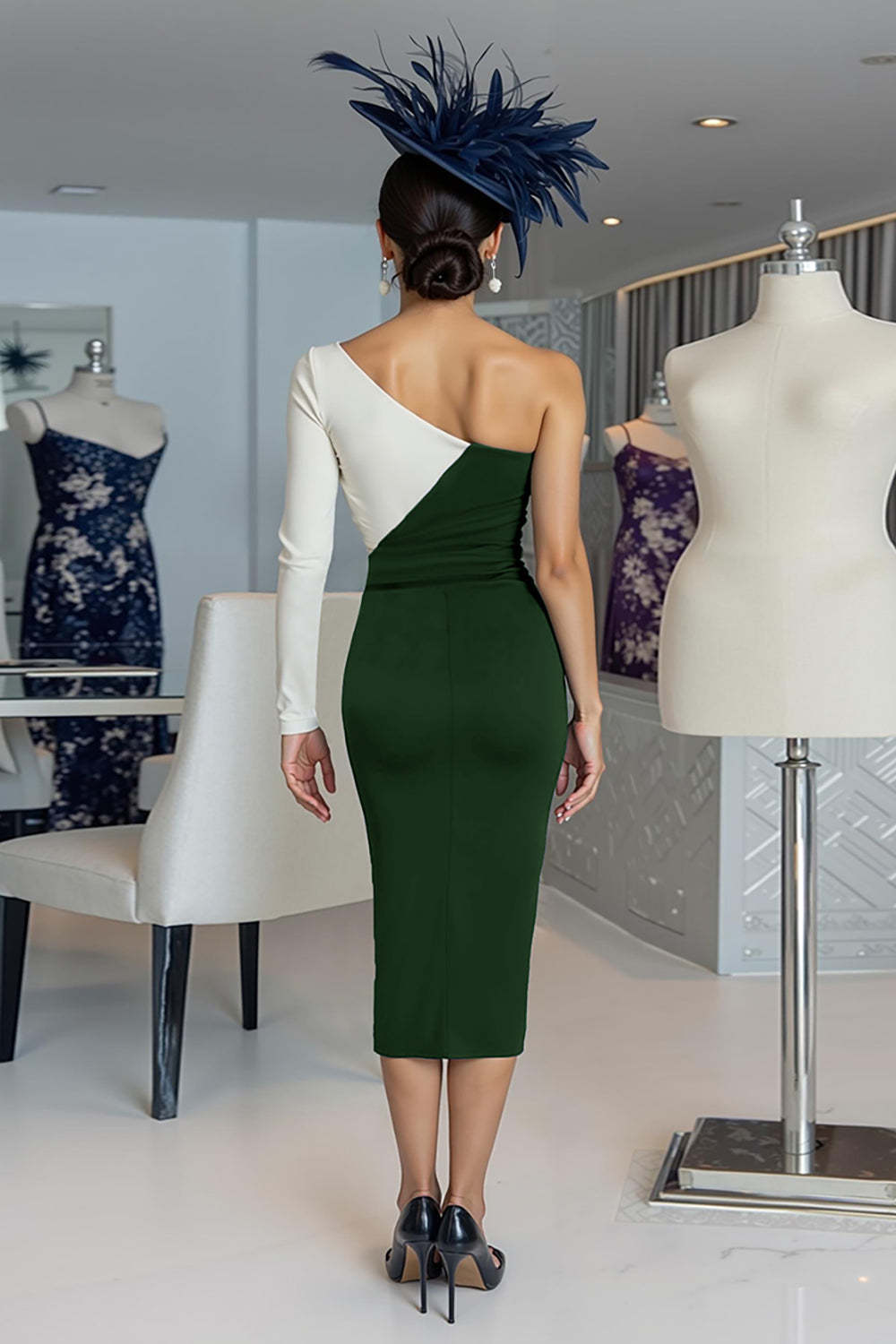 Black and White One Shoulder Bodycon Midi Mother of the Bride Dress with Sleeves