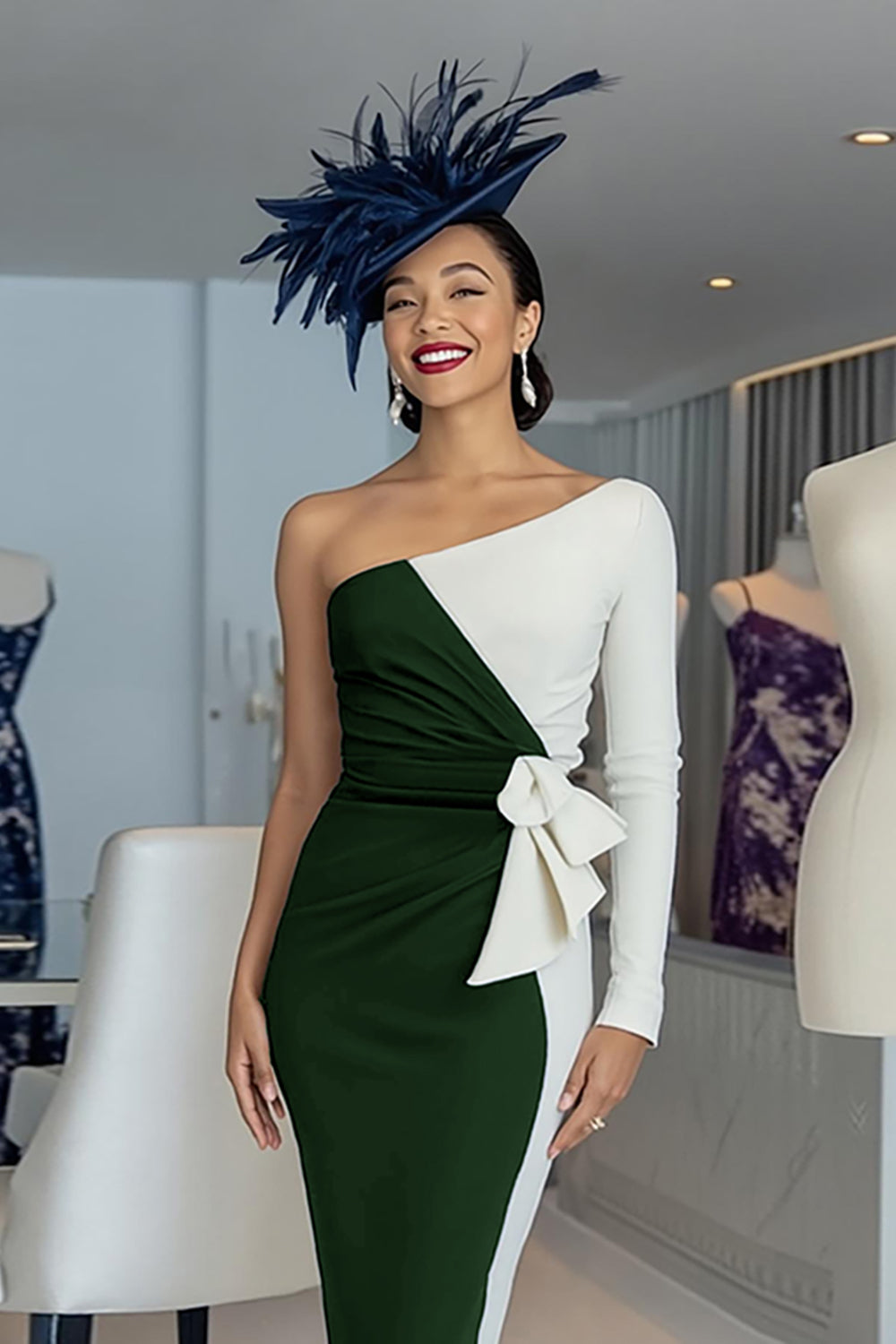 Black and White One Shoulder Bodycon Midi Mother of the Bride Dress with Sleeves