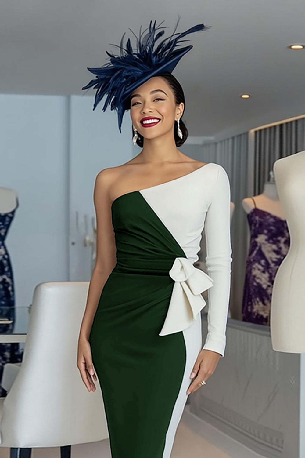Black and White One Shoulder Bodycon Midi Mother of the Bride Dress with Sleeves