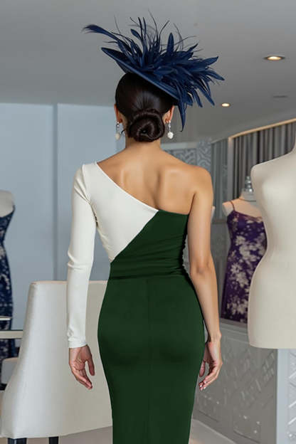 Black and White One Shoulder Bodycon Midi Mother of the Bride Dress with Sleeves