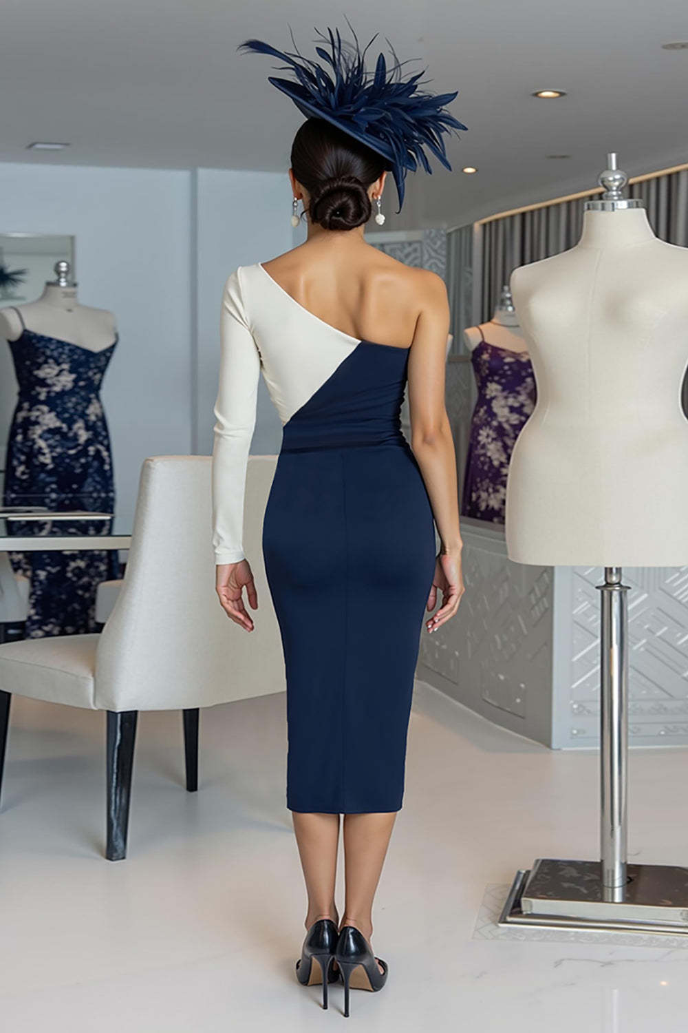 Black and White One Shoulder Bodycon Midi Mother of the Bride Dress with Sleeves