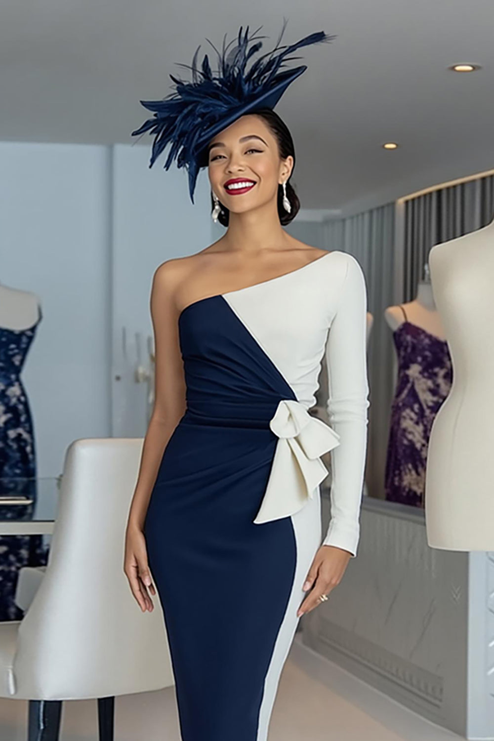 Black and White One Shoulder Bodycon Midi Mother of the Bride Dress with Sleeves