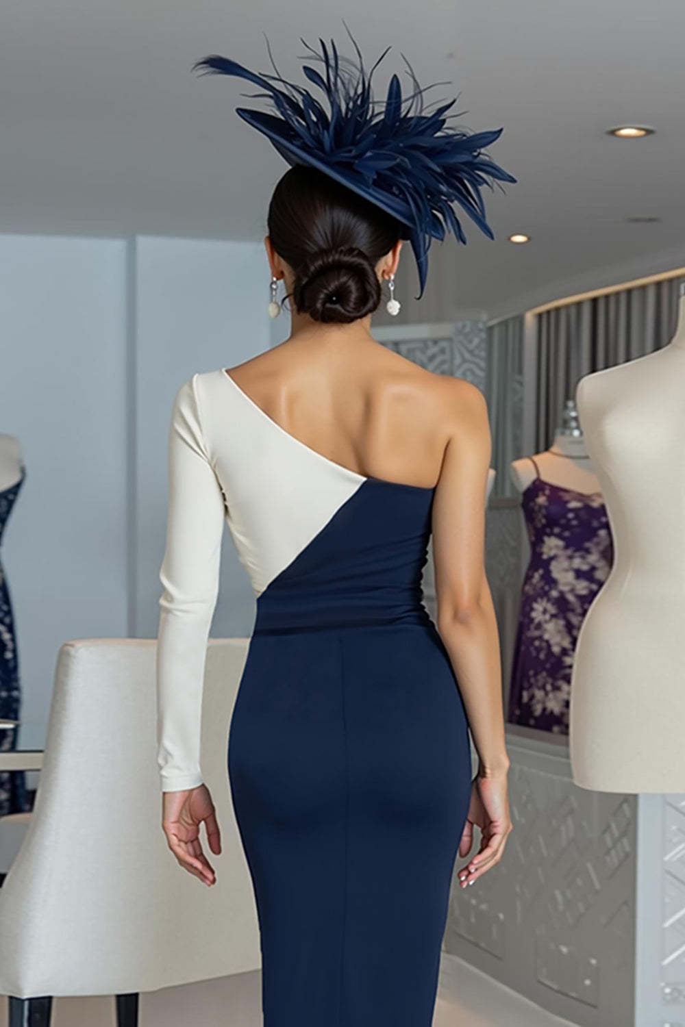 Black and White One Shoulder Bodycon Midi Mother of the Bride Dress with Sleeves