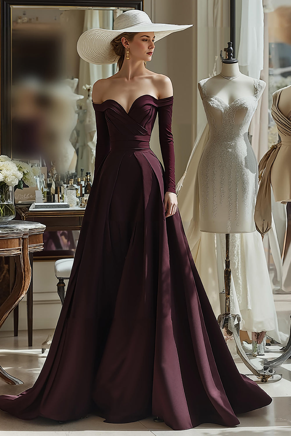 Cabernet Satin A Line Off the Shoulder Long Sleeves Mother of the Bride Dress