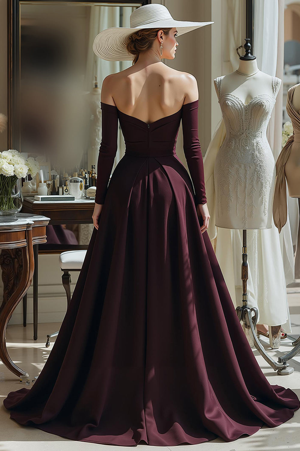 Cabernet Satin A Line Off the Shoulder Long Sleeves Mother of the Bride Dress