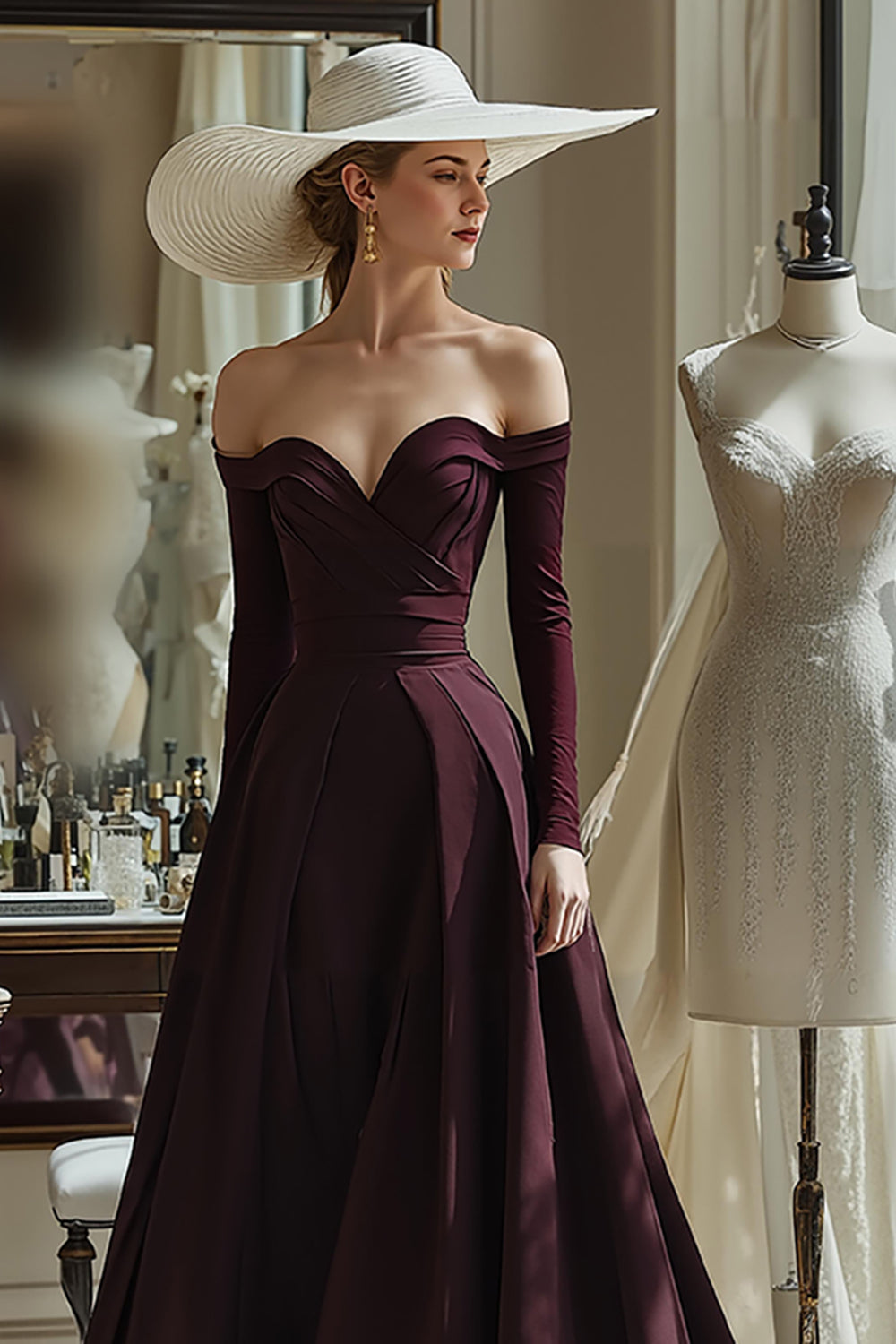 Cabernet Satin A Line Off the Shoulder Long Sleeves Mother of the Bride Dress