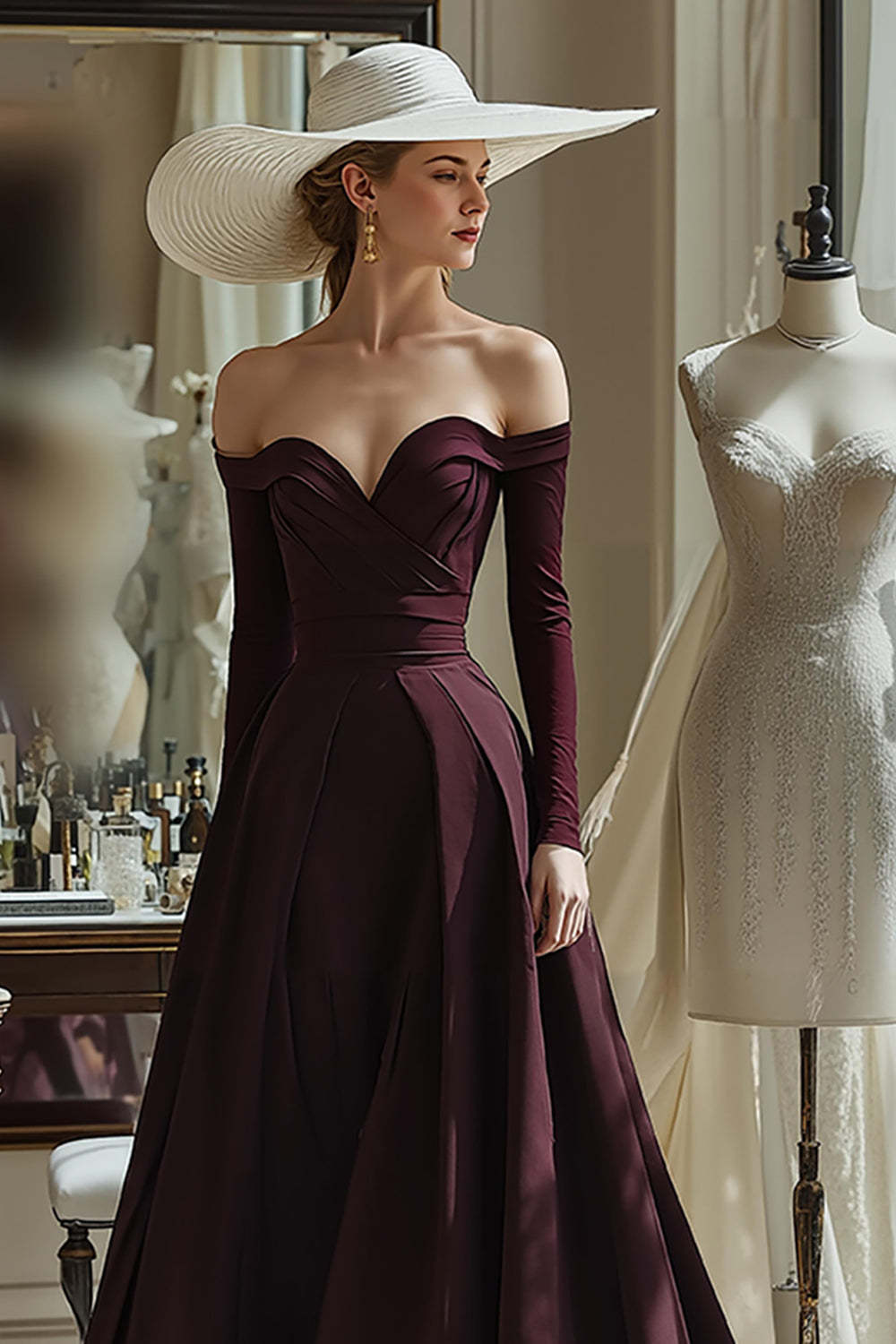 Cabernet Satin A Line Off the Shoulder Long Sleeves Mother of the Bride Dress