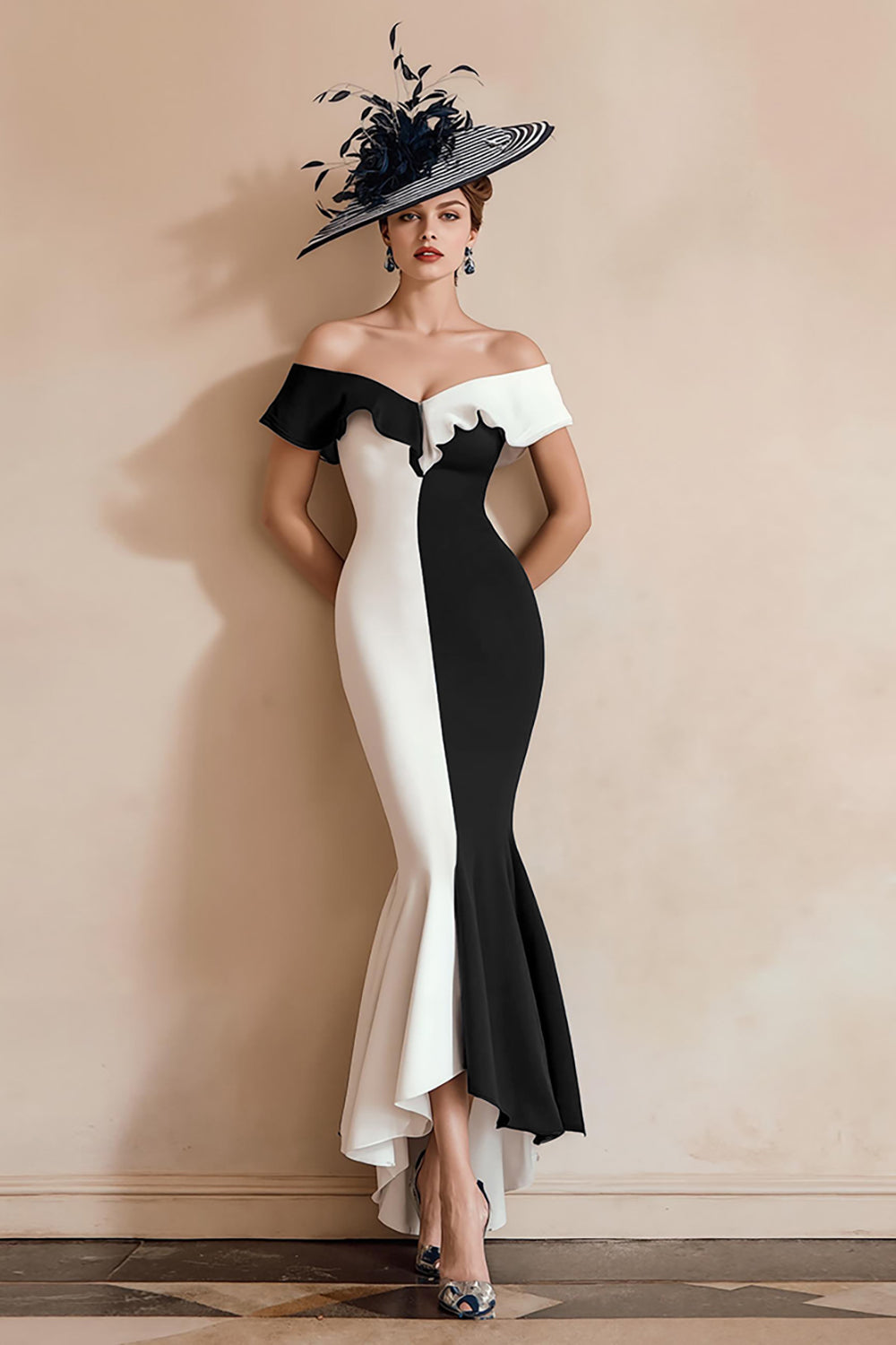 Black and White Off the Shoulder Mermaid Midi Mother of the Bride Dress