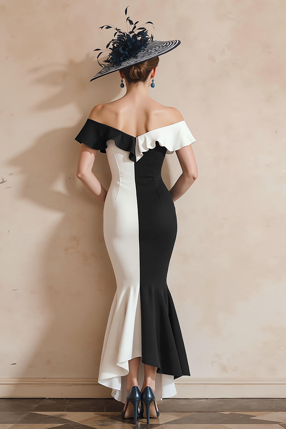 Black and White Off the Shoulder Mermaid Midi Mother of the Bride Dress