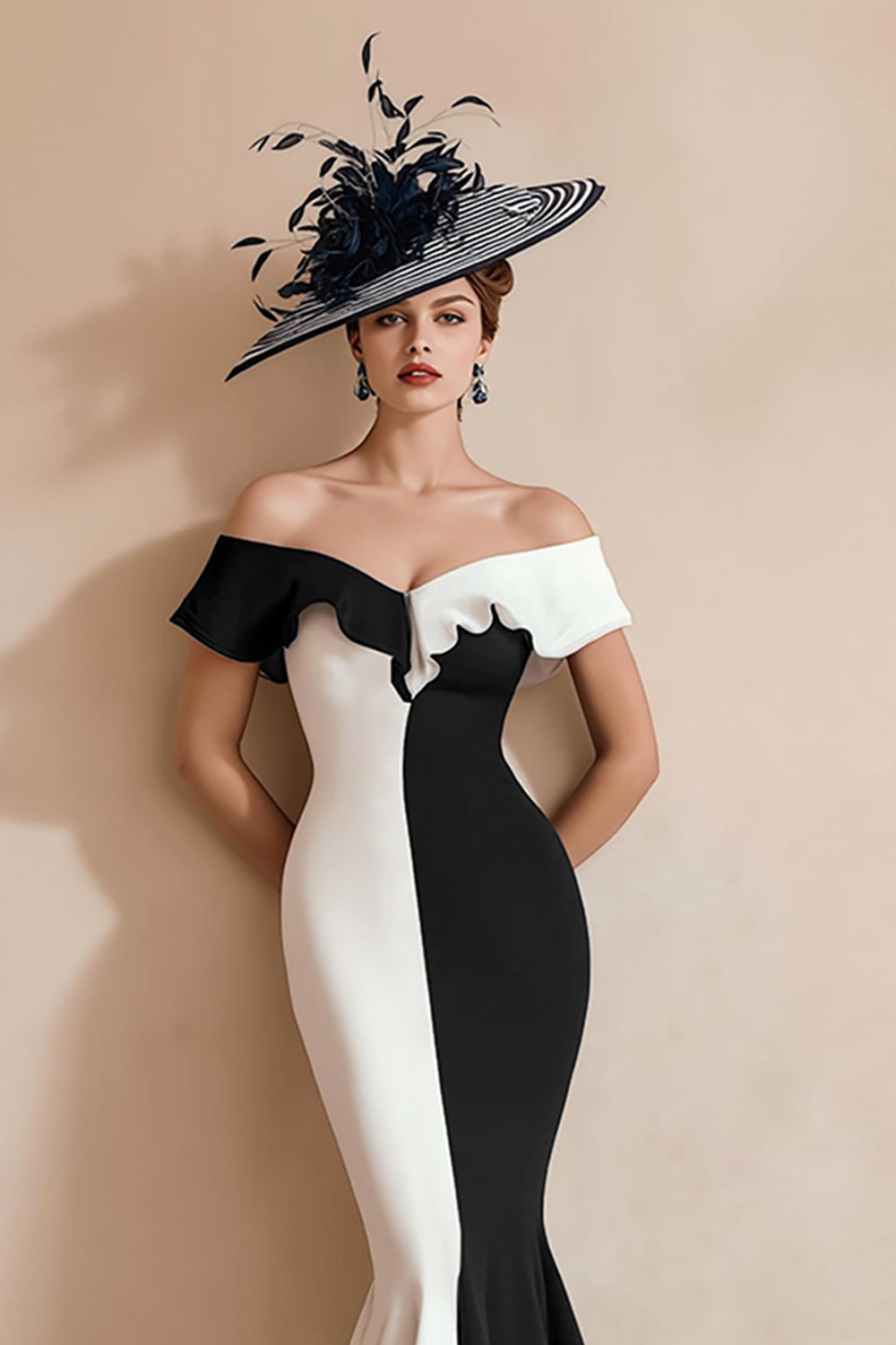 Black and White Off the Shoulder Mermaid Midi Mother of the Bride Dress