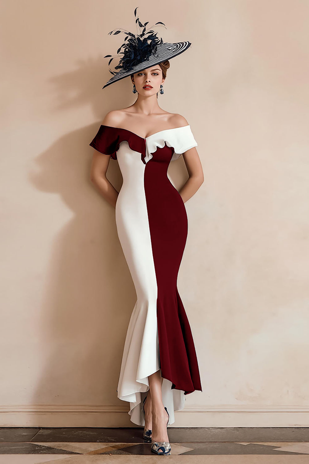 Black and White Off the Shoulder Mermaid Midi Mother of the Bride Dress