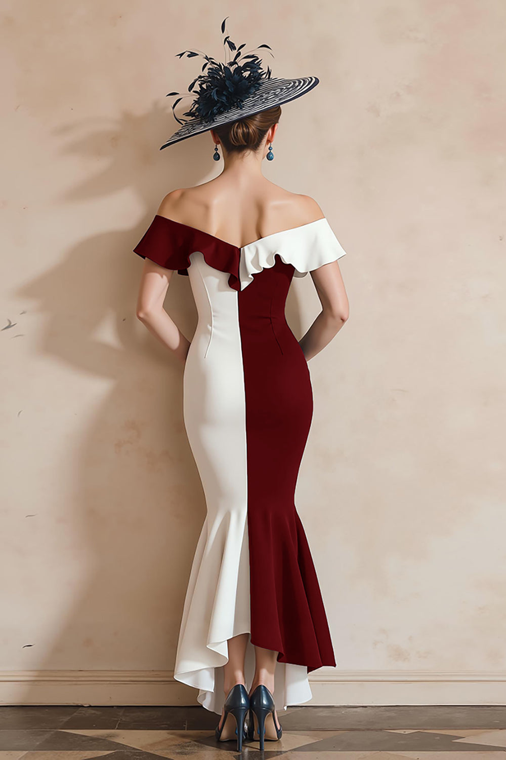 Black and White Off the Shoulder Mermaid Midi Mother of the Bride Dress