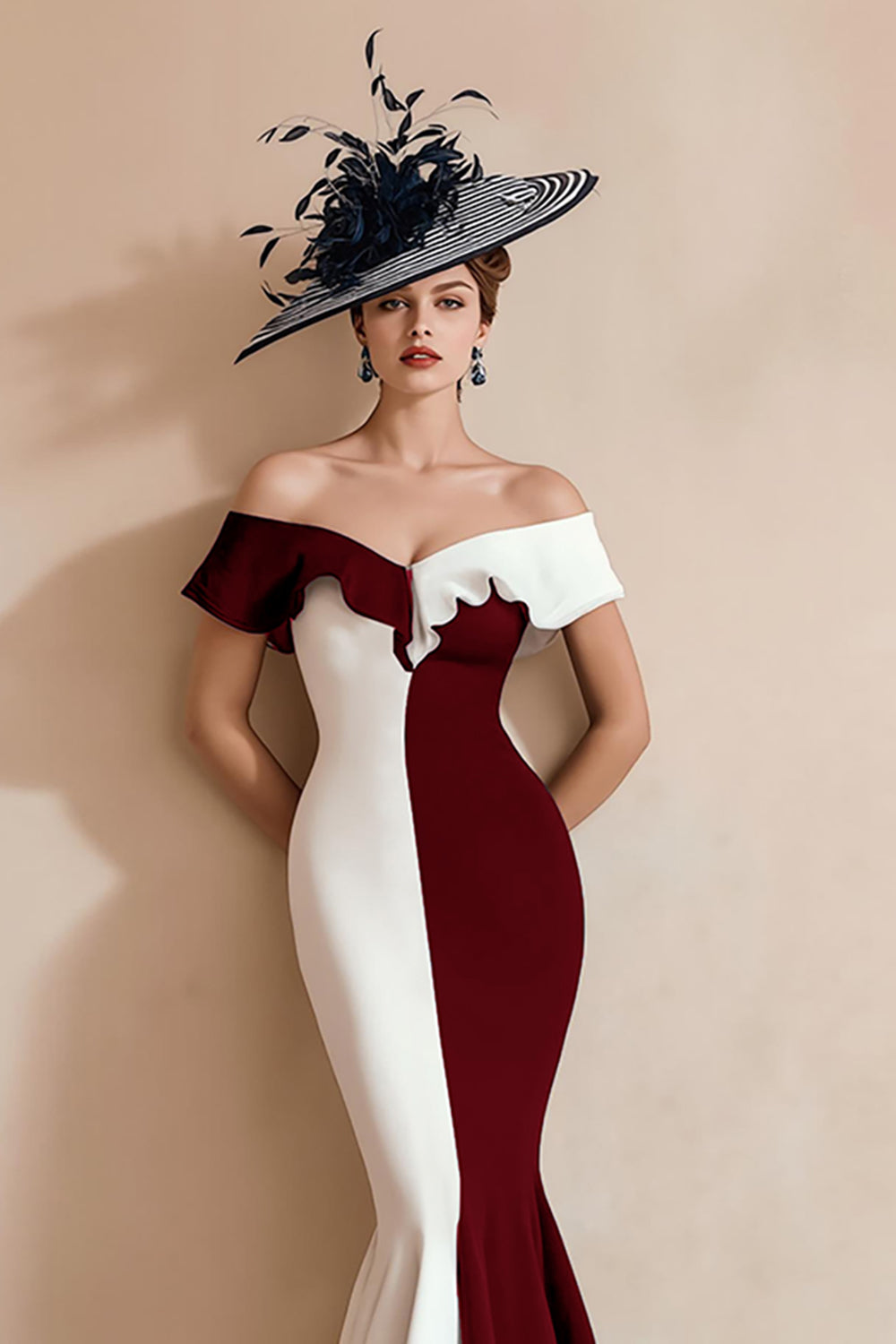 Black and White Off the Shoulder Mermaid Midi Mother of the Bride Dress