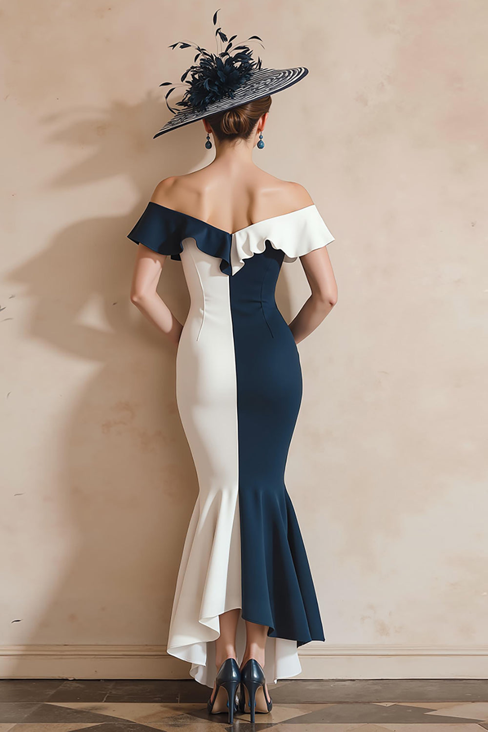 Black and White Off the Shoulder Mermaid Midi Mother of the Bride Dress