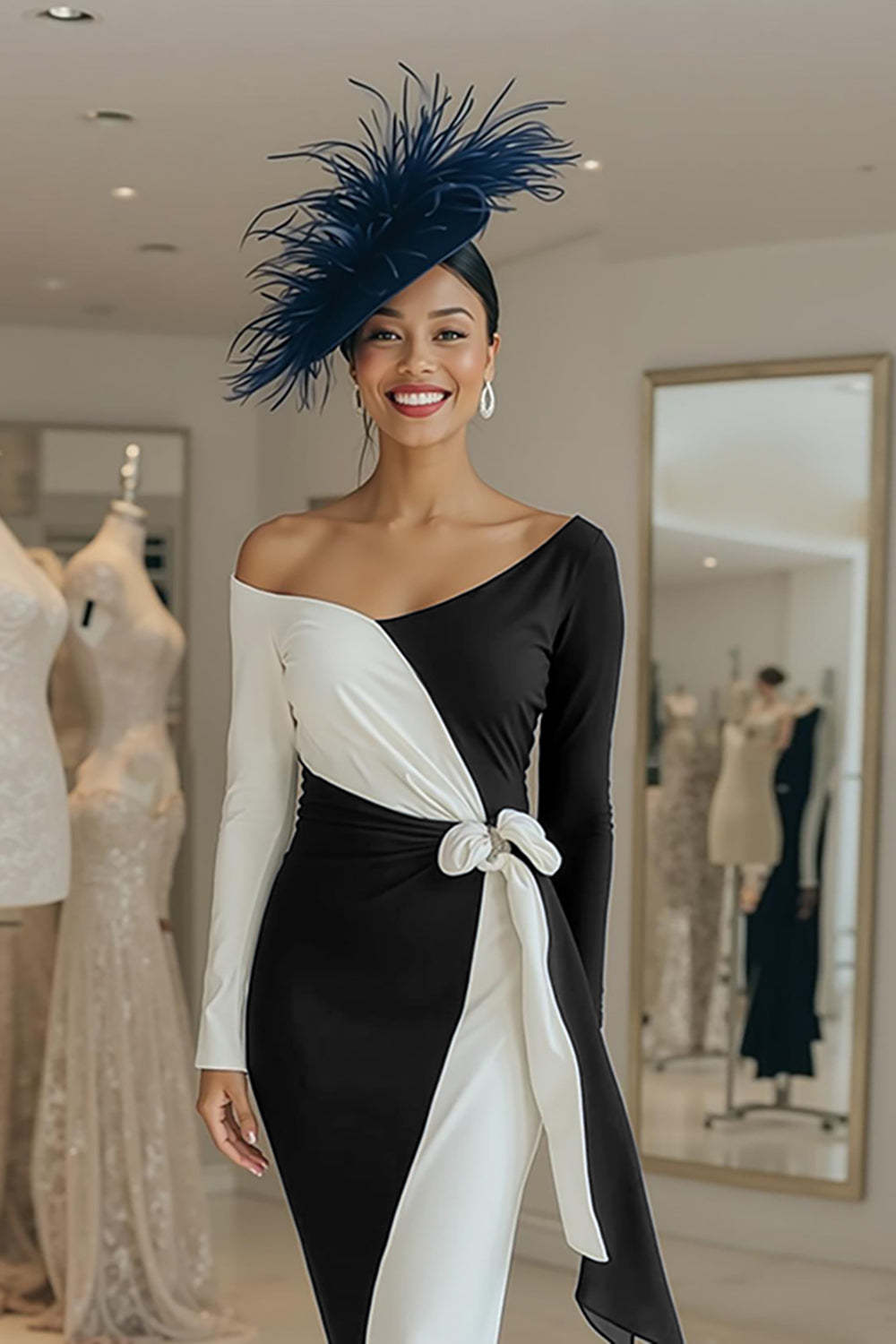 Black and White Patchwork One Shoulder Midi Mother of the Bride Dress with Sash