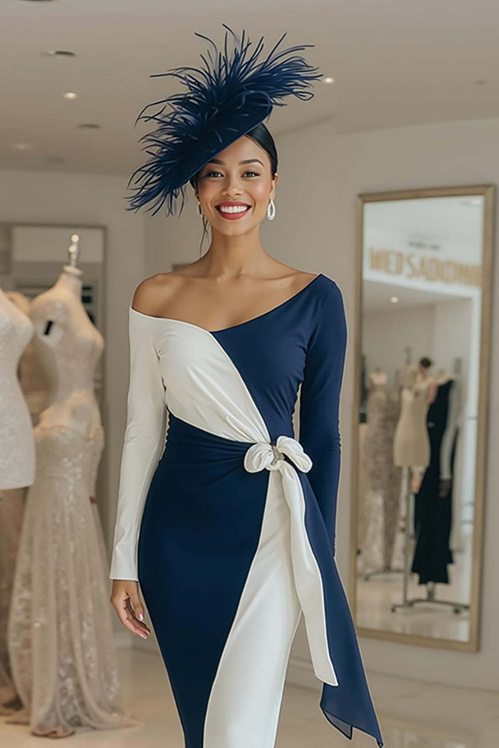 Black and White Patchwork One Shoulder Midi Mother of the Bride Dress with Sash