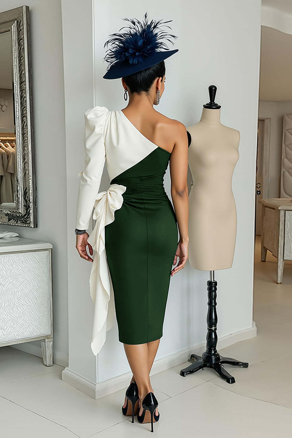 Black and White Midi One Shoulder Mother of the Bride Dress with Sleeves