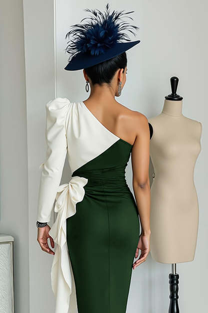 Black and White Midi One Shoulder Mother of the Bride Dress with Sleeves