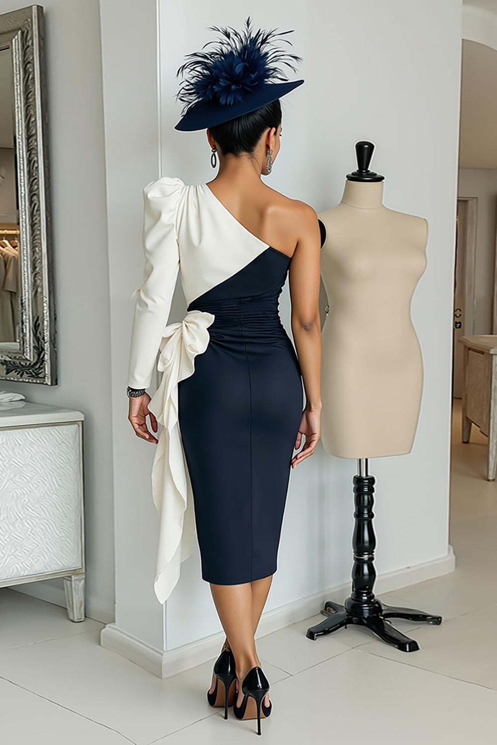 Black and White Midi One Shoulder Mother of the Bride Dress with Sleeves