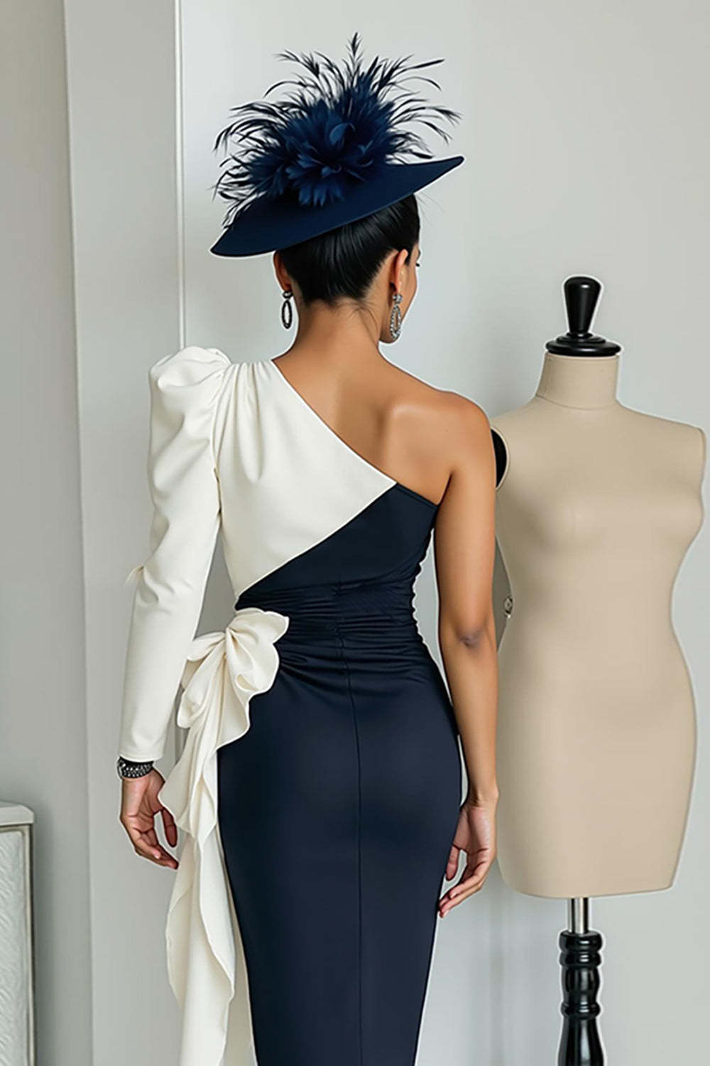 Black and White Midi One Shoulder Mother of the Bride Dress with Sleeves