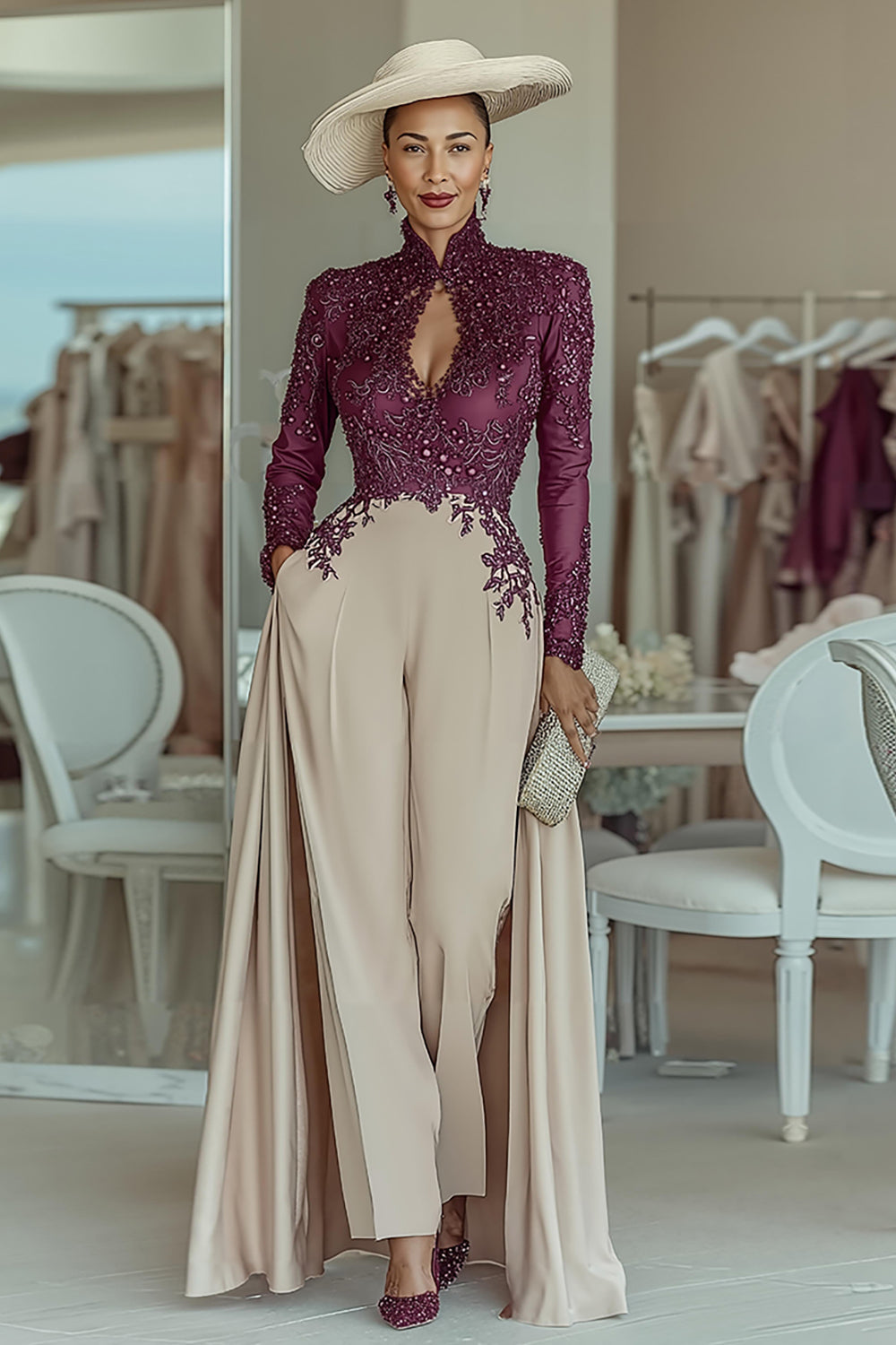 Purple Apricot High Neck Lace Long Sleeves Mother of the Bride Jumpsuits