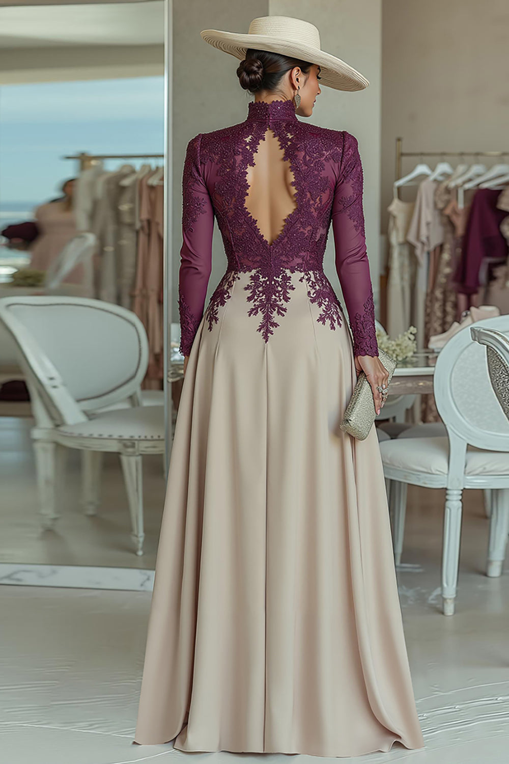 Purple Apricot High Neck Lace Long Sleeves Mother of the Bride Jumpsuits