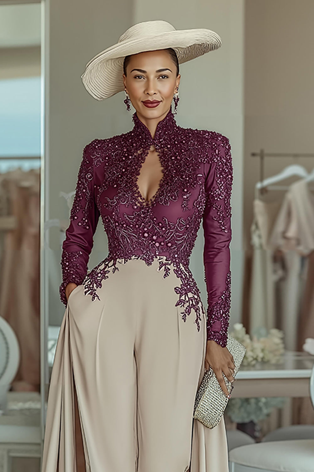 Purple Apricot High Neck Lace Long Sleeves Mother of the Bride Jumpsuits