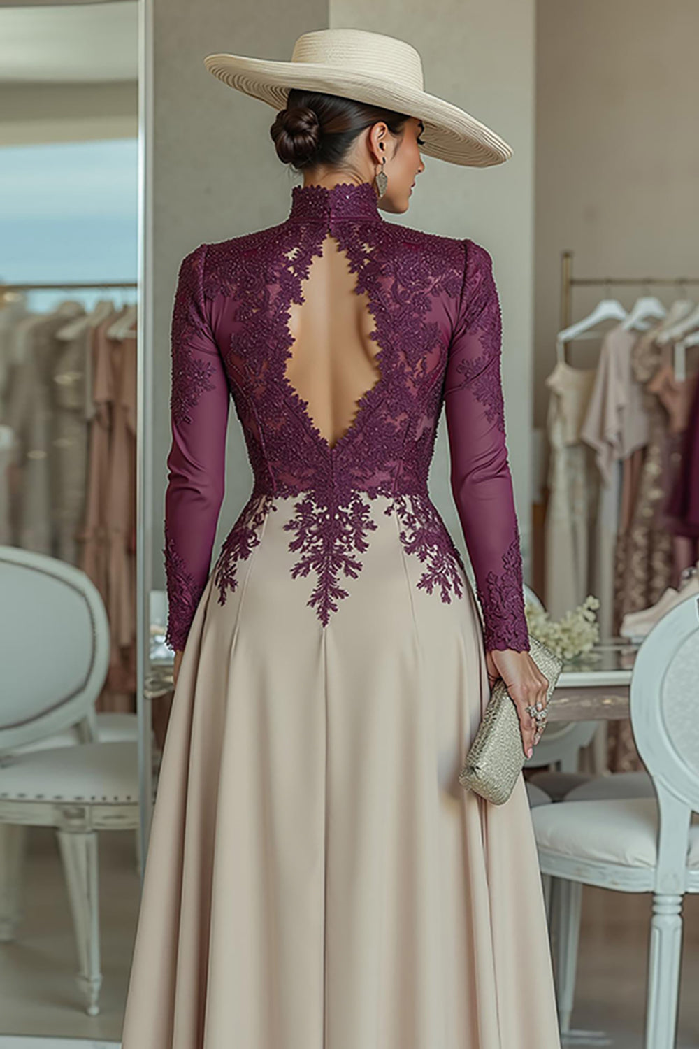 Purple Apricot High Neck Lace Long Sleeves Mother of the Bride Jumpsuits