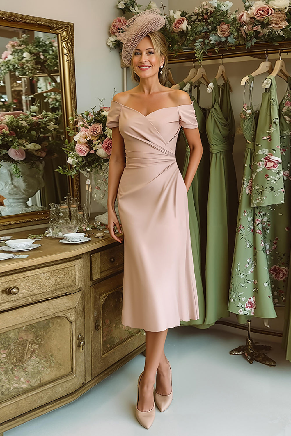 Leely Women Dusty Rose Satin Midi Mother of the Bride Dress Sheath Ruched Off the Shoulder Wedding Guest Dress