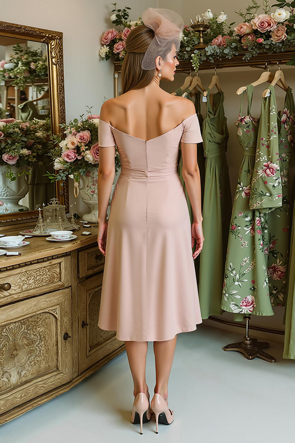 Dusty Rose Ruched Satin Off the Shoulder Midi Mother of the Bride Dress