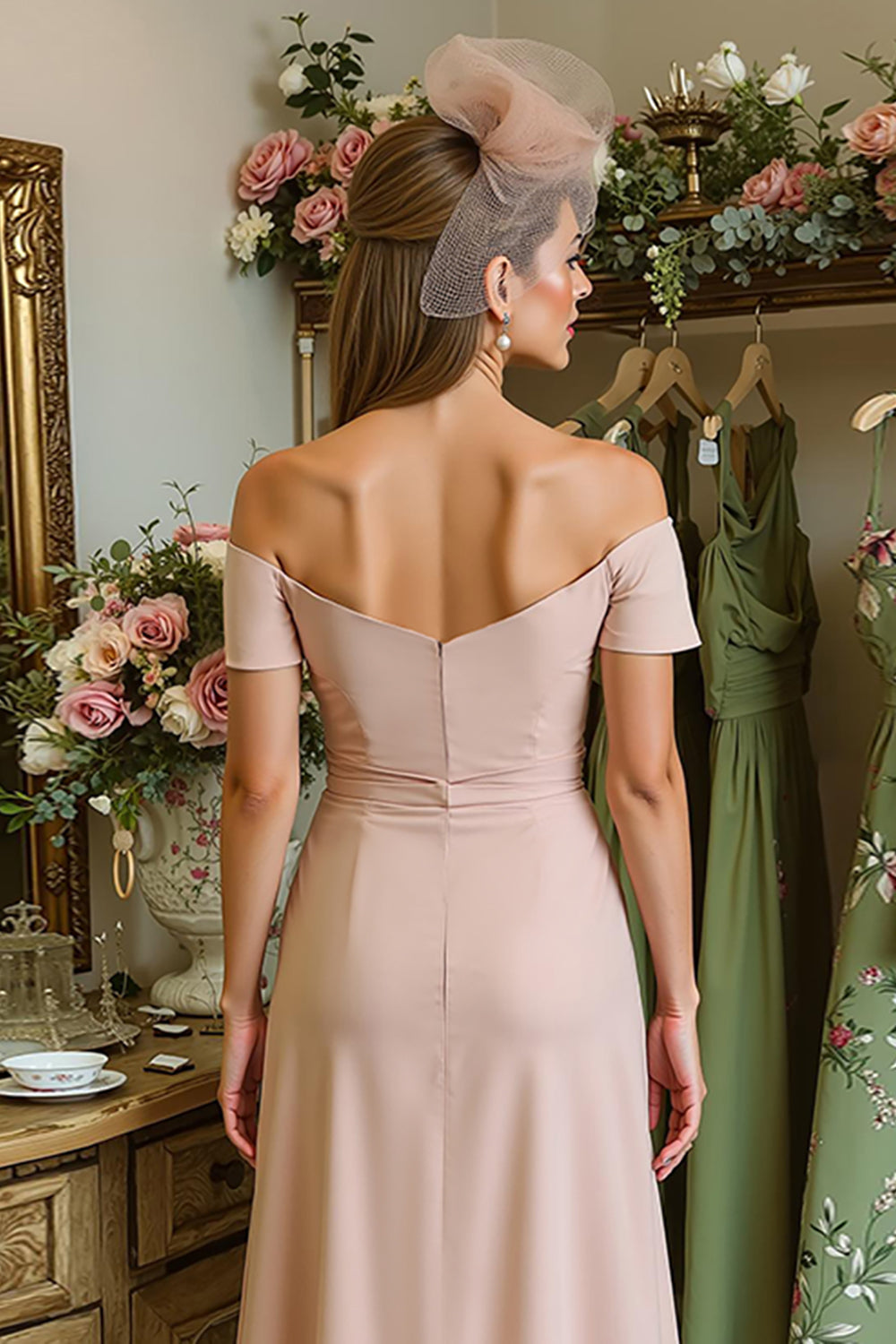 Dusty Rose Ruched Satin Off the Shoulder Midi Mother of the Bride Dress