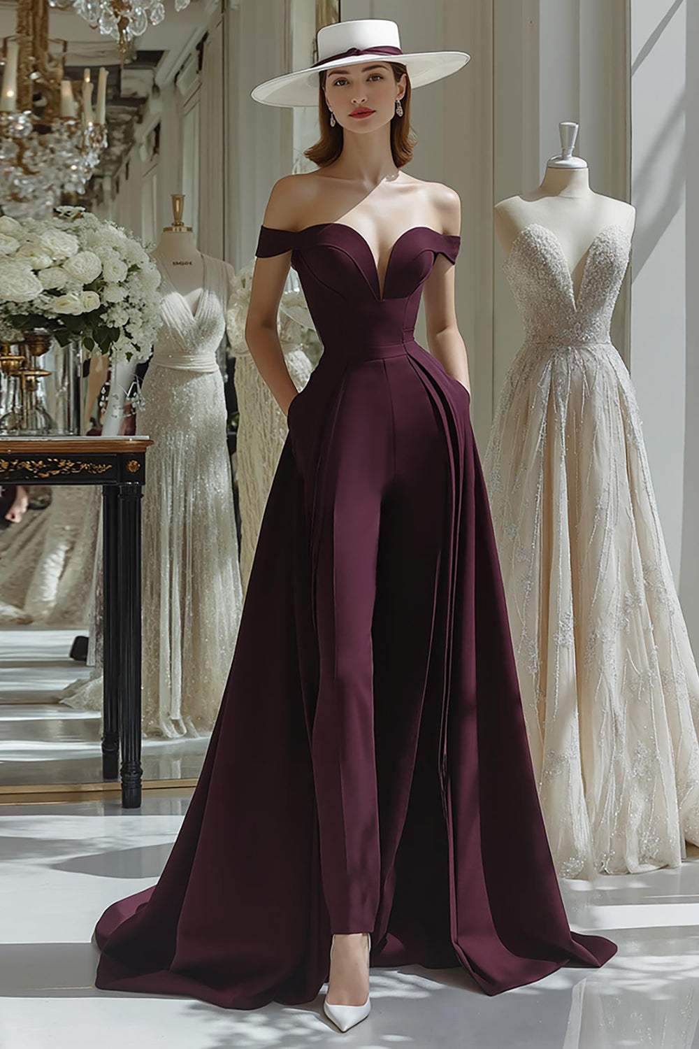 Leely Women Cabernet A Line Long Mother of the Bride Jumpsuits Satin Off the Shoulder Backless Wedding Guest Dress