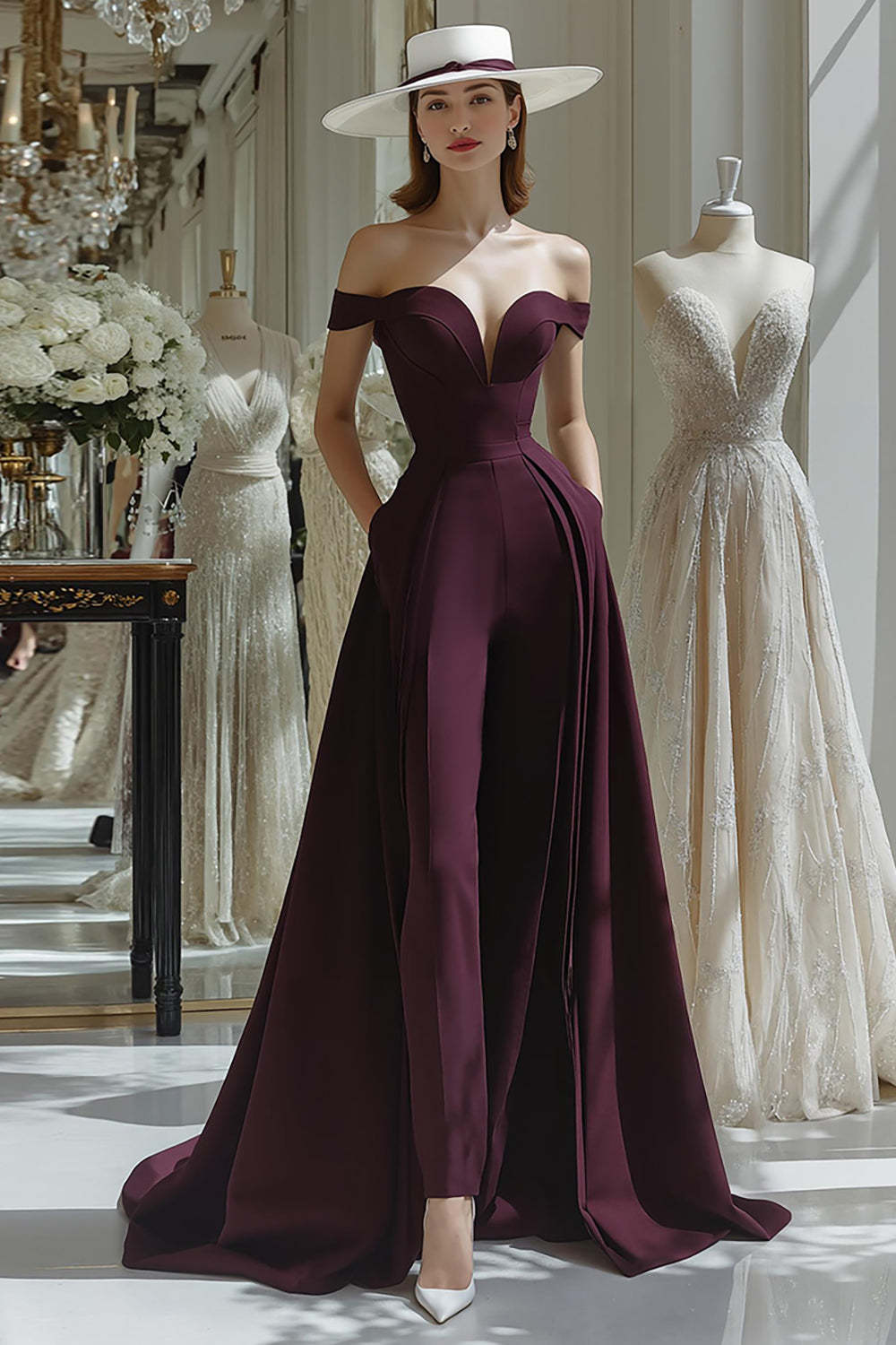 Leely Women Cabernet A Line Long Mother of the Bride Jumpsuits Satin Off the Shoulder Backless Wedding Guest Dress