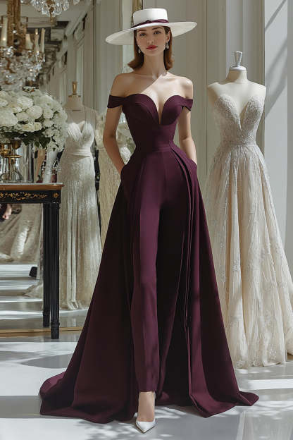 Leely Women Cabernet A Line Long Mother of the Bride Jumpsuits Satin Off the Shoulder Backless Wedding Guest Dress